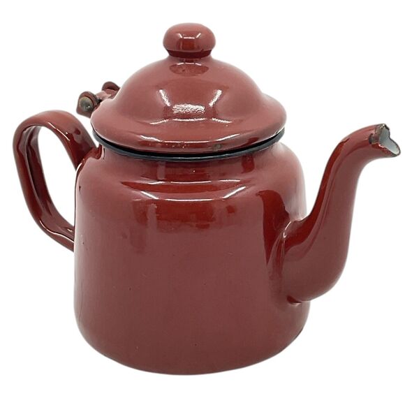 Brown Tea Pot With Hinged Lid Small Enamelware Vintage Farmhouse Decor - Picture 4 of 9